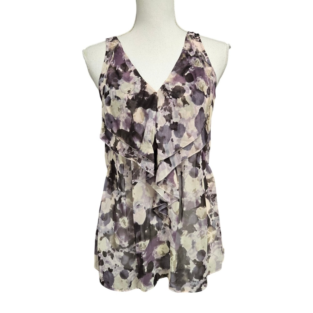 Eliot 100% Silk Ruffle V-Neck Peplum Sleeveless Blouse Purple Floral Women's S